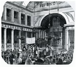 Religieuze ceremonie in de oude Parijse Synagoge voor Rosh Hashana, illustratie uit Le Tableau de Paris door Edmond Texier, gepubliceerd in Parijs, 1852