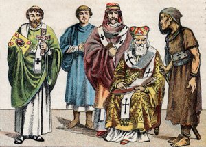 Religieuze kostuums in de Oudheid: van links naar rechts portret van een Byzantijnse diaken, een christelijke priester uit de eerste eeuw, een bisschop uit de 5e eeuw, een Byzantijnse patriarch en een kluizenaar