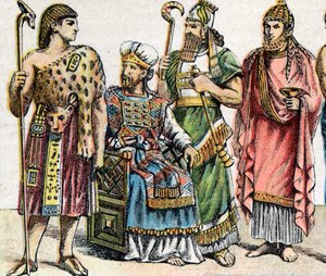 Religieuze kostuums in de oudheid: portret van een Egyptische hogepriester, een Hebreeuwse hogepriester, een Assyrische koning in officiant kleding en een Fenicische priester door French School
