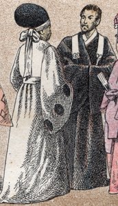Religieuze kostuums in Azië: twee shinto-priesters uit Japan - Gravure