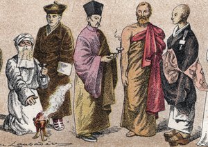 Religieuze kostuums van Azië: portret van een Parsi priester, Lama, Chinese boeddhistische priester, Ceylon bonze en Japanse boeddhistische priester - Gravure
