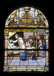 René de Neval, luitenant van de koning en kolonel van de achterhoede in Laag-Bretagne, stierf op 13/04/1676, vol verdienste en deugden in zijn kasteel van Neval, betreurd door zijn vazallen - glas-in-loodramen van de kerk St Germain in Kerlaz