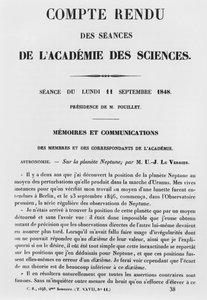 Verslag van de zittingen aan de Academie des Sciences door Jean Joseph Le Verrier (1811-77) over de planeet Neptunus, 11 september 1848
