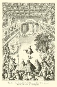 Voorstelling van een ballet voor Hendrik III en zijn hof, in de hoge zaal van het Louvre, 1582 door French School