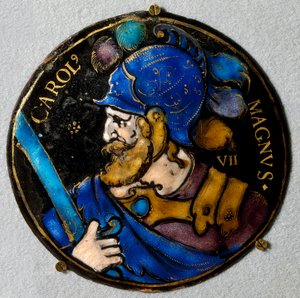 Voorstelling van Karel de Grote (742 - 814), koning van Frankrijk. Medaillon in email uit Limoges uit de 16e eeuw door French School