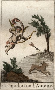 Voorstelling van Cupido, of Amor, dienaar van Venus, als een geblinddoekt kind, die een pijl trekt. Uit 