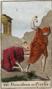 Voorstelling van Deucalion en Pyrrha, de enige overlevenden na de zondvloed veroorzaakt door Zeus om het menselijk ras te vernietigen. Themis vraagt hen na de zondvloed om met bedekt hoofd de botten van hun moeder (de stenen van de aarde) achter zich te go door French School