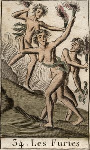 Voorstelling van de Furieën, Tisiphone, Megaera en Alecto, als uitgemergelde vrouwen. Uit 