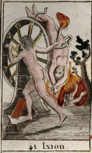 Voorstelling van Ixion, gestraft door de goden, veroordeeld om vastgeketend te zijn aan een brandend wiel dat eindeloos draait. Uit 
