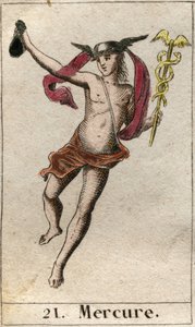 Voorstelling van Mercurius, god van de handel, reizen en boodschapper van andere goden. Hij houdt een caduceus vast en draagt een petasos. Uit 