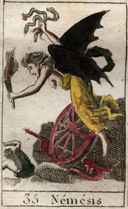 Voorstelling van Nemesis, godin van de wraak, afgebeeld als een gevleugelde vrouw met een fakkel, en slangen, wiel en roer die aangeven dat ze haar slachtoffers over zee en land achtervolgde. door French School