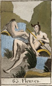 Voorstelling van rivieren, oude mannen met natte baard en haar, zittend bij een omgevallen urn. Uit 