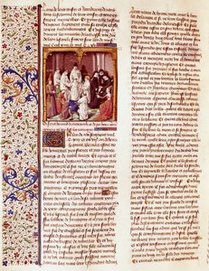Voorstelling van Sint Bernardus van Clairvaux (San Bernardo di Chiaravalle) (1090-1153) als kind. Hij staat in het midden van de afbeelding, een aureool boven zijn hoofd. Miniatuur in 