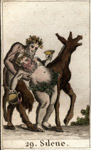 Voorstelling van Silenus, metgezel van Bacchus, dronken, ondersteund door een satyr. Uit 