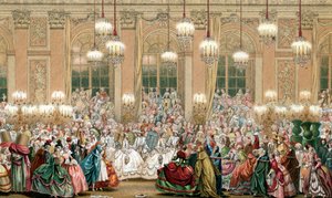 Voorstelling van een maskerade aan het hof van koning Lodewijk XV door French School