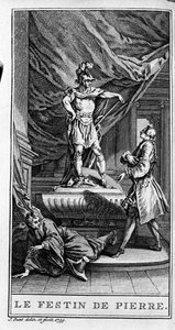 Weergave van een scène uit het stuk "Dom juan ou le festin de Pierre" (1665) door Jean Baptiste Poquelin, bekend als Molière (1622-1673). Gravure uit 1739.