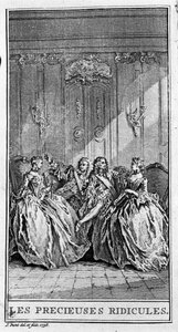 Weergave van een scène uit het stuk "Les précieuses ridicules" (1659) door Jean Baptiste Poquelin, bekend als Molière (1622-1673). Gravure uit 1738.