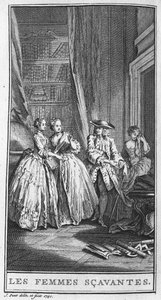 Weergave van een scène uit het stuk "Les femmes savantes" (1672) door Jean Baptiste Poquelin, bekend als Molière (1622-1673). Gravure uit 1740. door French School