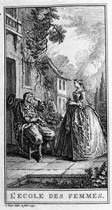 Weergave van een scène uit het stuk "De school van vrouwen" (1662) door Jean Baptiste Poquelin, bekend als Molière (1622-1673). Gravure uit 1739.