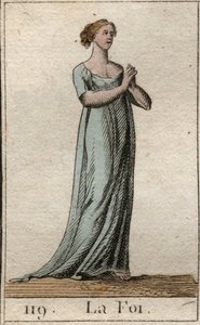 Voorstelling van het Geloof, vrouw gekleed in het wit met gevouwen handen. Uit 