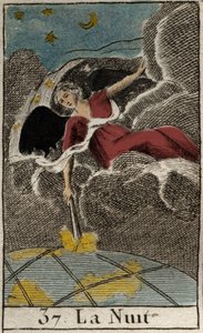 Afbeelding van de Nacht (Nyx), godin van de duisternis. Uit “Mythologie de la jeunesse” door Pierre Blanchard 1803.