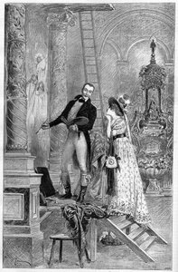 Voorstelling van de Tosca, drama door Victorian Sardou in het Théâtre de la Porte Saint Martin in 1887. Hier Act 1, de kerk van St. Andrea met Dumeny en Henriette Rosine Bernard genaamd Sarah Bernhardt (1844-1923)