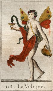 Afbeelding van de Volupté, naakte vrouw gekroond met rozen, ze houdt een beker of een slang trekt een heerlijke likeur. Uit 