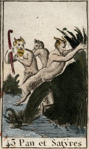 Afbeelding van de landgod Pan en saters. Hij heeft harige dijen, geitenpoten en speelt fluit (Syrinx) met meerdere pijpen. Uit 