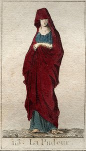Afbeelding van de godin van de Bescheidenheid, een jonge vrouw met een gezicht bedekt met een sluier. Uit 