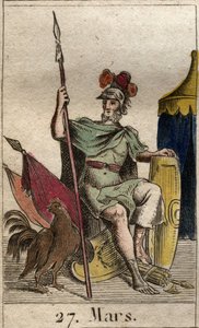 Afbeelding van de god van de oorlog Mars, gewapend, bij een haan. Uit 