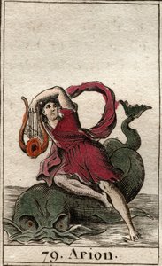 Voorstelling van de legendarische Griekse dichter Arion van Methymne, betoveraar van dolfijnen met zijn cithara. Uit 