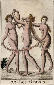 Voorstelling van de drie Gratiën: Aglae, Thalie en Euphrosyne, dochters van Venus en Bacchus. Uit 