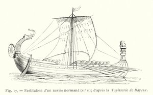 Herstel van een Normandisch schip, XIe eeuw; naar het Tapijt van Bayeux (gravure) door French School