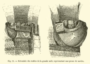 Gewelfribben van de grote zaal die een scheepsboeg voorstellen door French School