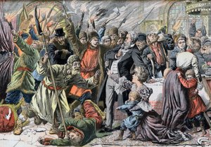 Revolutie van 1905 - Opstandige Russische boeren vallen een landhuis binnen. Jacquerie in de Russische provincies. Invasie van een kasteel door Russische boerenopstanden. Illustratie voor Le petit Journal, 2 april 1905.