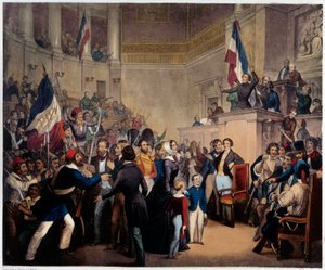 Revolutie van 1848. De hertogin van Orleans verschijnt in het Huis van Afgevaardigden met haar kinderen om het regentschap te verkrijgen (24 februari) door French School