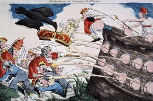 Revolutionaire gidsen door Marianne die Europese vorsten bombarderen met hun vuil. Cartoon gepubliceerd tijdens de Franse Revolutie. Ets. 1792. Musée Carnavalet. door French School