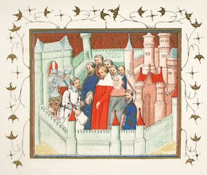 Richard II in Flint Castle waar hij als gevangene werd overgedragen aan Bolingbroke, zijn rivaal voor de troon, facsimile kopie uit Le Prinse et Mort du Roy Richart door Jean Creton, herdrukt 19e eeuw (kleur) door French School