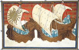 Richard II en zijn vloot landen in Milford Haven, facsimile kopie uit Le Prinse et Mort du Roy Richart door Jean Creton, herdrukt 19e eeuw