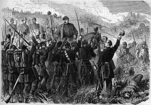 Risorgimento - Slag bij Montebello della Battaglia (Italië), 21 mei 1859: Franse generaal Elie Frederic Forey (1804 - 1872), commandant van het Italiaanse leger, werd door zijn soldaten gevierd na zijn overwinning op het Oostenrijkse leger. Gravure in "Le  door French School