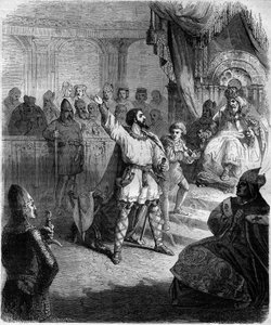 Robert de Hauteville genaamd Guiscard of de Sluwe (1015-1085) erkent zichzelf als vazal van de Heilige Stoel. Gravure in 