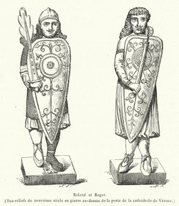 Roland en Roger, Bas-reliëfs uit de negende eeuw in steen boven de deur van de kathedraal van Verona (gravure)