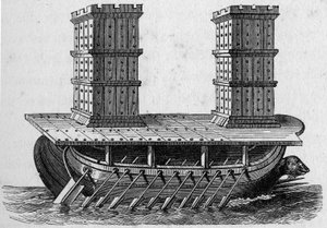 Romeins schip met torens. Gravure in 