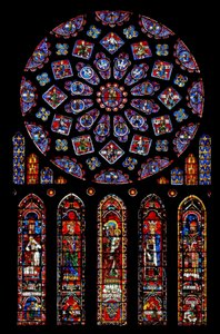 Roosvenster met koningen en profeten rondom de Maagd Maria en het kind Christus door French School