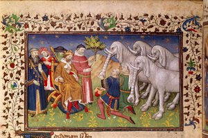 Royal 20 B. XX, fol.82v, Alexander krijgt witte olifanten, uit 
