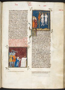 Royal MS 16 G. VI, f.306r, Moord op Charles, graaf van Vlaanderen opgehangen (Louis VI, boek 20), uit Les Grandes Chroniques de France door French School