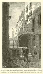 Rue de la Vieille-Lanterne en hek waar het lijk van Gérard de Nerval werd gevonden in 1855, gesloopt datzelfde jaar door French School