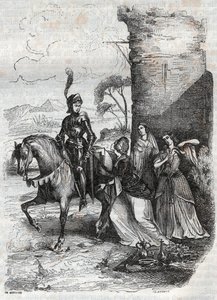 Ruggiero en drie nimfen van het hof van Alcina - gravure uit 1851 van het gedicht Orlando furioso door French School
