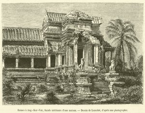 Ruïnes in Angkor Wat, binnengevel van een huis door French School
