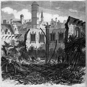 Ruïnes van de Antwerpse Beurs (België) na een brand door French School